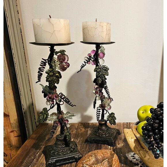Set of 2 Iron/Metal Grapevine Pillar Candle Holders with Acrylic Lucite Grapes - Picture 1 of 10